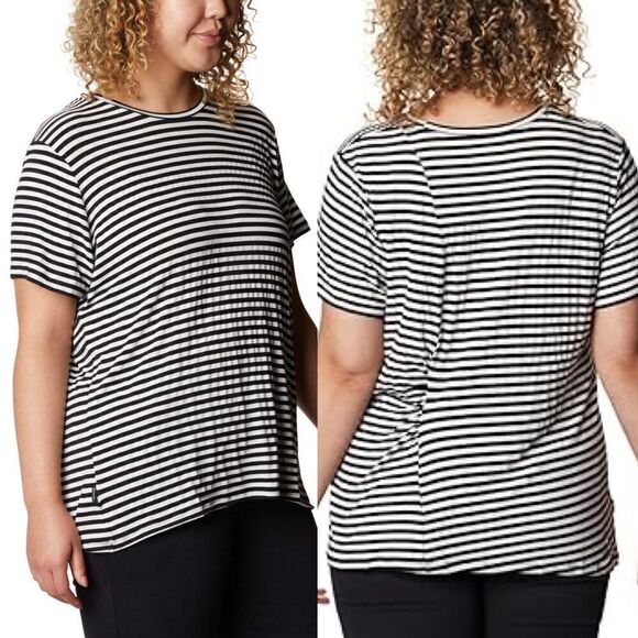 Columbia woman’s essential plus size basic tee crew neck gray green stripe -3X - Picture 1 of 9